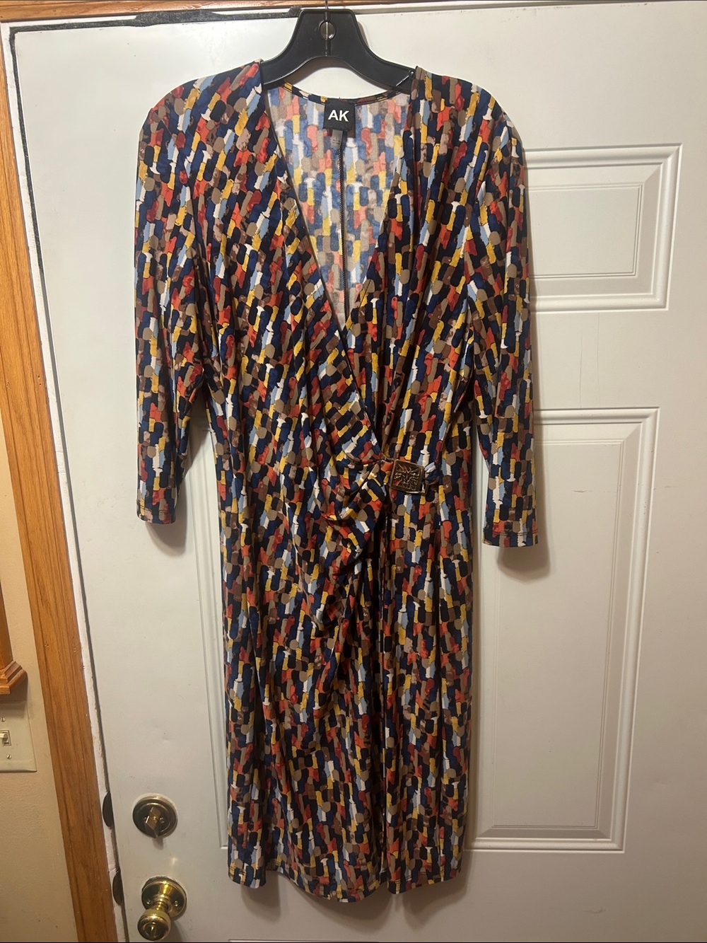 Ann Klein Multicolor Printed Faux-Wrap Dress L